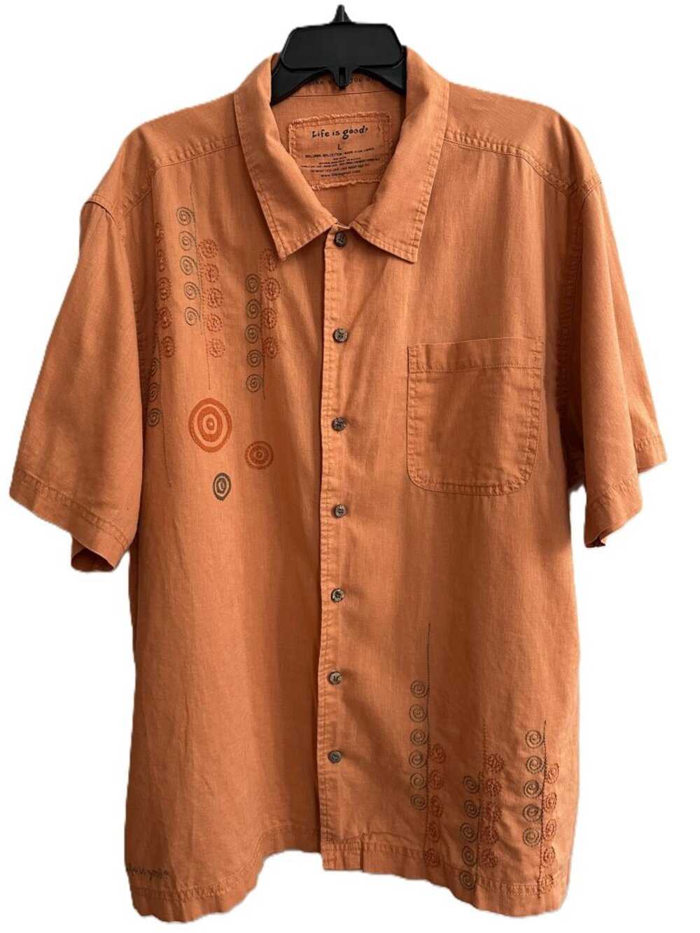 Life is Good Short Sleeved Button up Shirt Men's Large Linen Blend burnt orange